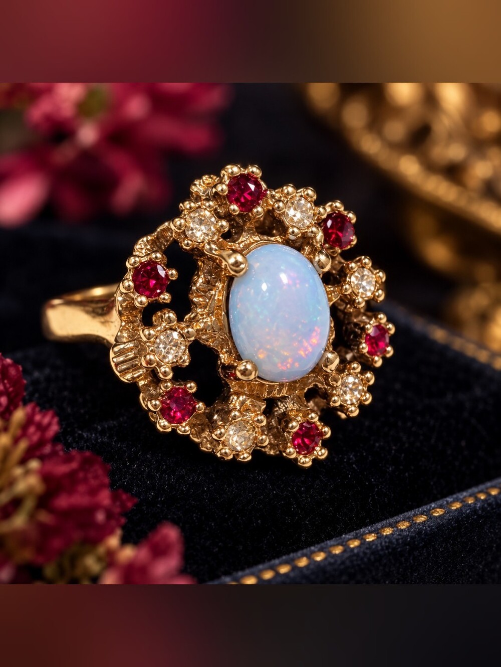 Vintage 18K HGE Milky White Opal & Ruby-Color Statement Ring Size 6
